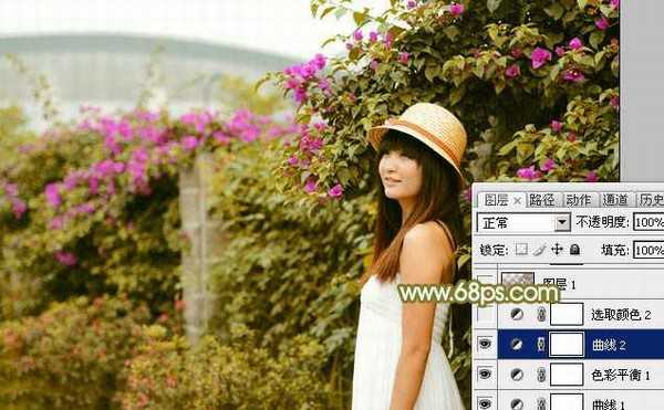 Photoshop将花草围墙边的美女图片调制柔和的韩系黄褐色