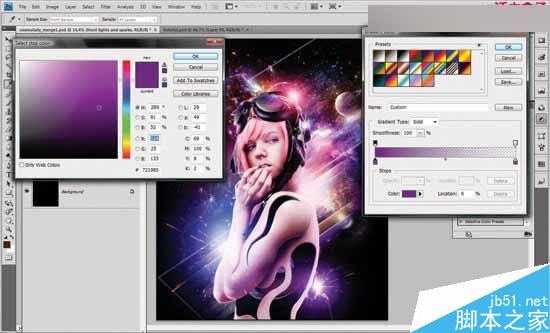 Photoshop合成星云四射背景下的美女效果图